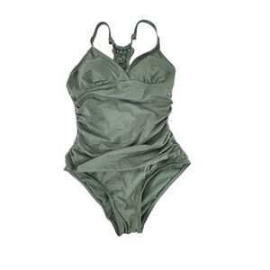 "FRIPEARL" One Piece Green Swimsuit SZ 8 Macrame Back Beach Poolside Boating Tan